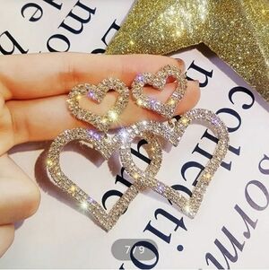 Gold Tone Double Heart Drop Rhinestone Earrings Pave Setting